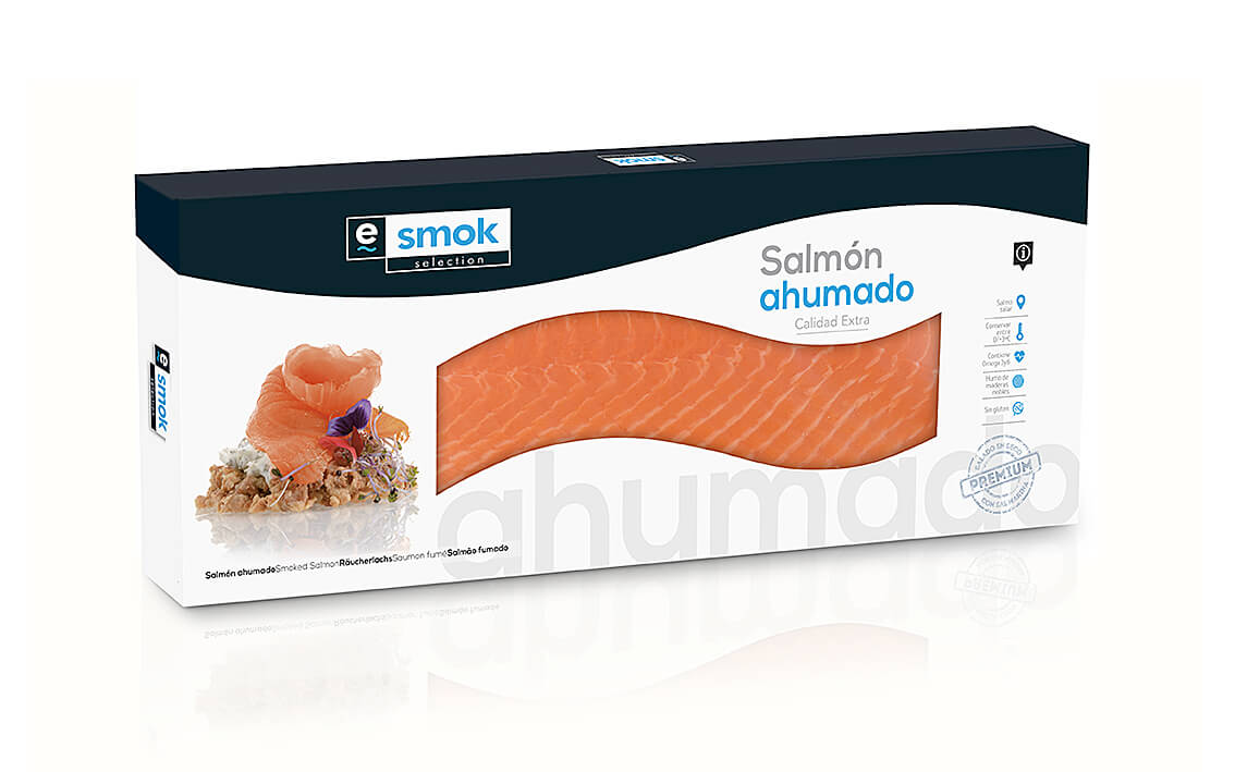Smoked salmon side in vacuum bag in carton sleeve